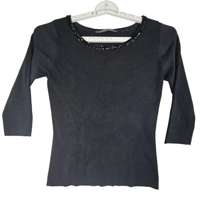 Top tejido manga 3/4 negro acanalado MICHELLE NICOLE escote adornado para mujer M Foto 1 de 4