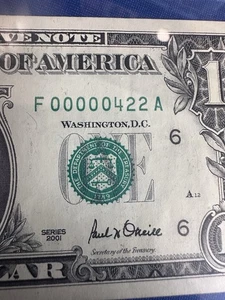 #F 00000422 A / Rare Serial Number/ Very Low Number $1Bill - Picture 1 of 9