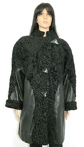 PERSIAN LAMB ASTRAKHAN FUR COAT LEATHER TRIM BAT STYLE Sz.2XL - Picture 1 of 6