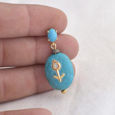 Turquoise Gemstone Diamond 14K Gold Earrings 925 Silver Wedding Fine Jewelry  - Image 1 of 4