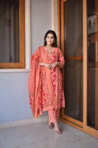 Designer Pure Cotton Kurta Pant Dupatta Dresses, Suits For Women,Plus Size Kurta - Picture 1 of 6
