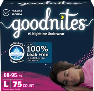 Goodnites Mädchen Nacht Bettnässen Unterwäsche, Größe Large (68-95 Pfund), 75 Ct - Bild 1 von 11