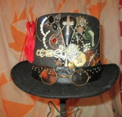 HAND MADE BLACK FELT TOP HAT STEAMPUNK HALLOWEEN COSTUME VINTAGE DECOR - Image 1 of 4