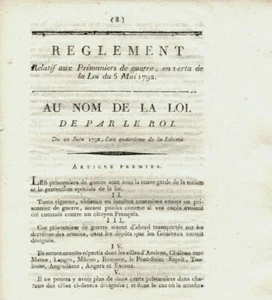 FRANZÖSISCHE REPUBLIK Regeln für Kriegsgefangene 5. Mai 1792 & 7. August 1792 - Bild 1 von 2