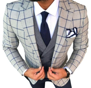 Designer Gentleman Herrenanzug Grau Blau Kariert Sakko Weste Tailliert Slim Fit - Bild 1 von 7