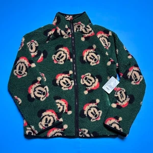 NEW Disney Jacket Adult Small Green Mickey Mouse Fleece Santa Christmas Full Zip - Picture 1 of 7
