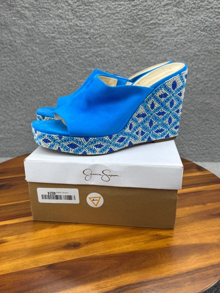 Sandalias de cuña Jessica Simpson Shantell para mujer zapatos sin cordones con cuentas azules talla 11 Foto 1 de 4