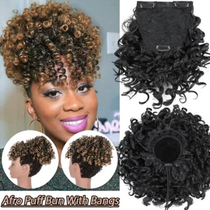 Afro Kinky Curly As Human Hair Short Ponytail Bun Clip In Bangs For Black Women - Picture 1 of 53