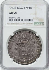 Brazil 1816-B  960 Reis - NGC AU58 - FRESH & BEAUTIFUL CABINET TONING! - Picture 1 of 4