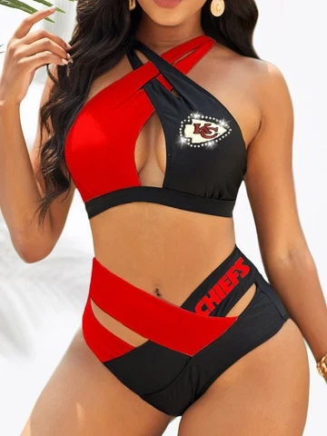 Kansas City Chiefs Womens 2PCS Bikini Set Push Up Swimsuit Hollow Out Swimwear Cover