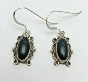 Sterling Silber .925 1/2" x 1" Oval Onyx Französisch Haken Ohrringe - Bild 1 von 6