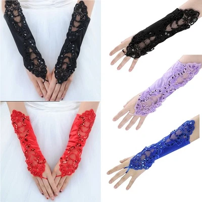 Women's Long Fingerless Gloves Lace Net Mittens Fancy Party Prom Evening Wedding - Image 1 of 4