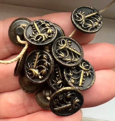 13 Antique Victorian small brass buttons lot ~ florals ~ tinted back liner ~F2 - Image 1 of 4