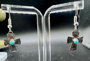 VTG Sterling Silver Stamped Southwest Faux Turquoise Cross Earrings - 1.2g - Picture 1 of 8
