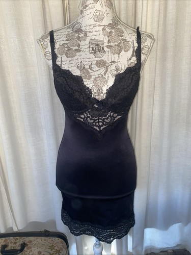 UNDERCOVER Mini abito slip vintage Victoria’s Secret etichetta oro nero pizzo taglia 34C