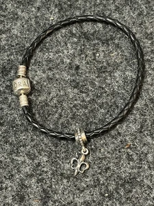 Pandora Black Braided Leather Bracelet W/ 925 Silver Clasp, Fleur De Lis Charm - Picture 1 of 4