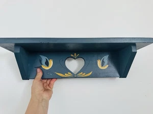 Vintage Blue Heart Cut Out Shelf With Bird Painting Decor Cottage Core Decor - Picture 1 of 14