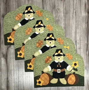 4 Thanksgiving Pilgrim Placemats 17x13 Quilted Look Embroidered Outlines Pumpkin - Picture 1 of 8