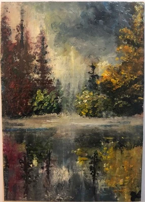ACEO Original  Oil Painting Autumn Mist Landscape 2.5x3.5 inch  by Joanna - Image 1 of 4