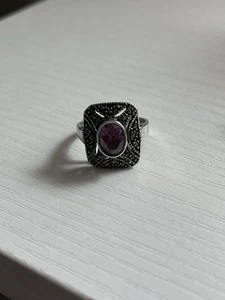 925 VTG Sterling Silver Purple CZ & Marcasite Filigree Cocktail Ring Size 7 - Picture 1 of 7