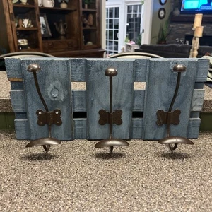 Rustic Wooden Coat Rack Wall Mount Distressed W/3 Hooks Country Blue 18”x8”Nice - Picture 1 of 12