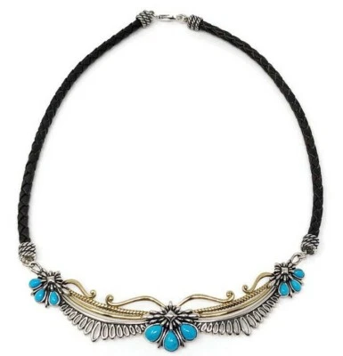 Carolyn Pollack American West Sterling Silver Leather Brass Necklace Turquoise - Image 1 of 4