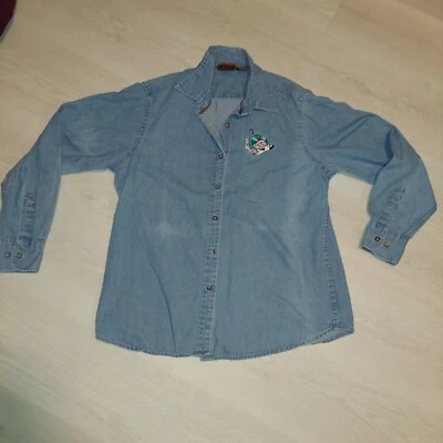 Christmas Women's Denim Button Up Shirt Santa Space Shuttle Ornament- L Large  - Image 1 of 4