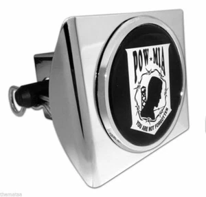 POW MIA SHINY BLACK & CHROME DECAL USA MADE PLASTIC TRAILER HITCH COVER - Picture 1 of 1