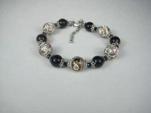 Floral Ceramic Beaded Bracelet Silvertone Accents Adjustable Chain 9 Inches - Picture 1 of 7
