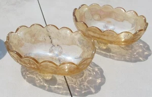 2 Vintage Jeanette Floragold Amber Carnival Glass Footed Oval Bowl Candy Dishes - Picture 1 of 8