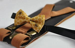 Bees Honeycomb Cotton Bow tie bowtie + Tan Brown Elasitc Suspenders Braces - Picture 1 of 18