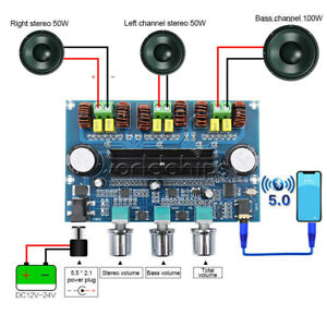 AUX Bluetooth 5.0 TPA3116D2 Digital Power Amplifier Board 2.1 Channel 2*50W+100W