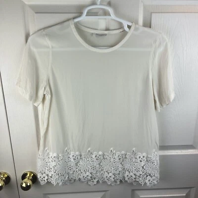 Women's Equipment Femme Short Sleeve White Ivory Lace Crochet Floral Top Large L - Image 1 of 4