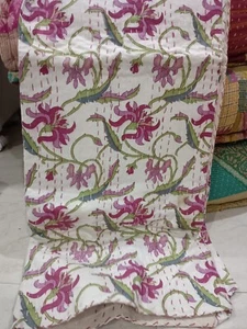 Indian Floral Kantha Quilt,blanket Cotton Twin Floral Bedspread green Throw - Picture 1 of 11