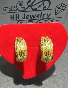 24K Yellow Gold Hoop Diamond Cut Earrings - Picture 1 of 19