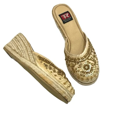 Rampage Vintage Años 90 Dorado/Amarillo Boho Lentejuelas Sin Cordones Cuñas para Mujer 6 Foto 1 de 4