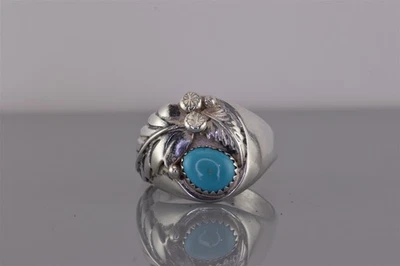 Cester Charley Navajo Sterling Silver Turquoise Feather Band Ring 12g 925 Sz: 12 - Image 1 of 4