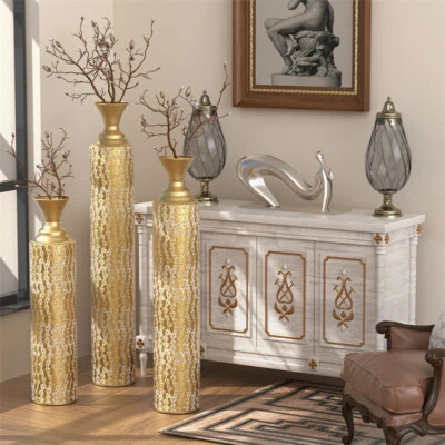 Set of 3 Gold Metal Floor Vases, Tall Narrow Large Textured Glam Accent Decor - Image 1 of 4