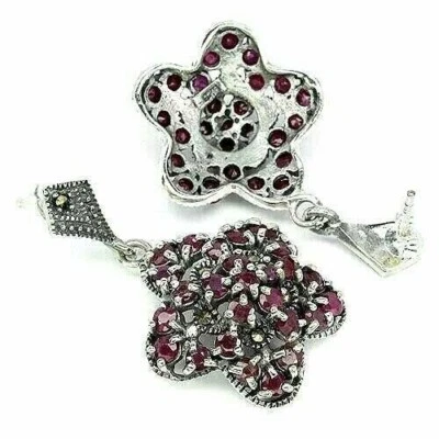 Silver Earrings Ruby Marcasite Genuine Natural Gems Solid Sterling Flower Design - Image 1 of 4