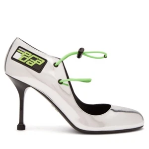 ZAPATOS DE SALÓN PRADA DRAWCORD PATENTE CUERO EN PLATA talla EUR 39 - Imagen 1 de 10
