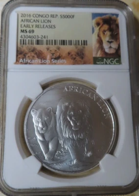 AFRICA CONGO 2016 5000 FRANCS 1 OUNCE 999 SILVER AFRICAN LION COIN NGC MS69 - Image 1 of 2