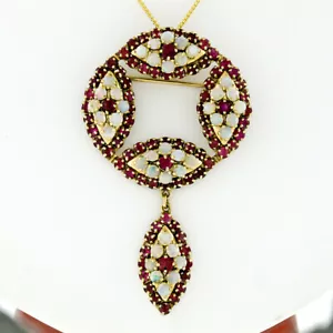 Vintage 14k Gold 6.40ctw Round Ruby & Opal Marquise Design Pendant Pin Brooch - Picture 1 of 10