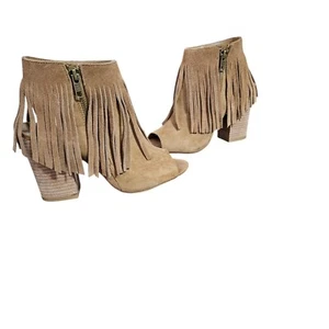 Carlos Women's Shoes Size 7.5 M Booties Leather Suede Brown Fringed Chunky Heels - Picture 1 of 11