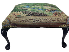 1980s Vintage Tapestry Cushioned Footstool Depicting a Pastoral Village Scene