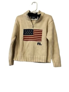 Polo Ralph Lauren Boys Cream American Flag 1/4 Zip Sweater Sz 5 - Picture 1 of 3
