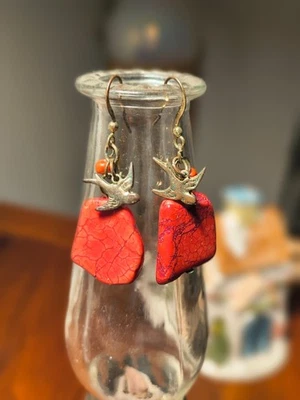Gorgeous Red Turqouis Earrings With Bronze Bird   turquois bead - Image 1 of 4