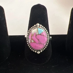 Cotton Candy Kingman Pink Dahlia Turquoise Ring Sz 8.5 Solid 925 Sterling Silver - Picture 1 of 13