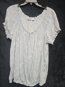 Smock Top Light Blue Paisley Print Shirred Neck Sleeves Hem 100% Viscose - Picture 1 of 4