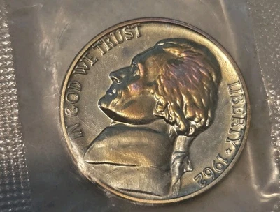 1962 Jefferson Nickel Proof Rainbow Toning Beautiful Surfaces Sealed Mint Cello - Image 1 of 4