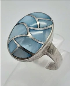 VINTAGE Sterling Silver Blue Mother Of Pearl Statement Ring 6G Size P 1/2 - Picture 1 of 4